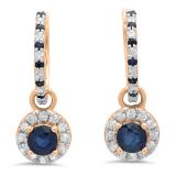 1.45 Carat (ctw) 18K Rose Gold Round Blue Sapphire & White Diamond Ladies Halo Style Dangling Drop Earrings 1 1/2 CT