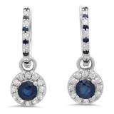 1.45 Carat (ctw) 18K White Gold Round Blue Sapphire & White Diamond Ladies Halo Style Dangling Drop Earrings 1 1/2 CT