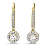 0.95 Carat (ctw) 10K Yellow Gold Round White Diamond Ladies Halo Style Dangling Drop Earrings 1 CT