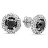 2.40 Carat (ctw) 18K White Gold Round Black & White Diamond Ladies Halo Style Stud Earrings