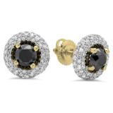 2.40 Carat (ctw) 18K Yellow Gold Round Black & White Diamond Ladies Halo Style Stud Earrings