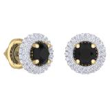 2.40 Carat (ctw) 18K Yellow Gold Round Black & White Diamond Ladies Halo Style Stud Earrings