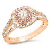 0.95 Carat (Ctw) 10K Rose Gold Cushion Morganite & Round Pink Sapphire & Diamond Bridal Halo Split Shank Engagement Ring 1 CT