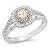 0.95 Carat (Ctw) 14K White Gold Cushion Morganite & Round Pink Sapphire & Diamond Bridal Halo Split Shank Engagement Ring 1 CT