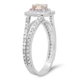 0.95 Carat (Ctw) 14K White Gold Cushion Morganite & Round Pink Sapphire & Diamond Bridal Halo Split Shank Engagement Ring 1 CT