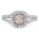 0.95 Carat (Ctw) 14K White Gold Cushion Morganite & Round Pink Sapphire & Diamond Bridal Halo Split Shank Engagement Ring 1 CT