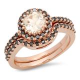 1.60 Carat (ctw) 10K Rose Gold Round Morganite & Black Diamond Ladies Bridal Halo Style Engagement Ring Set