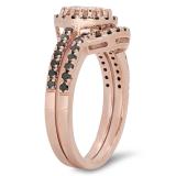 1.60 Carat (ctw) 10K Rose Gold Round Morganite & Black Diamond Ladies Bridal Halo Style Engagement Ring Set