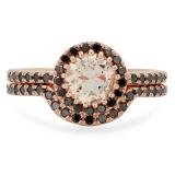 1.60 Carat (ctw) 14K Rose Gold Round Morganite & Black Diamond Ladies Bridal Halo Style Engagement Ring Set