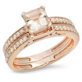 1.35 Carat (ctw) 10K Rose Gold Asscher Morganite & Round White Diamond Ladies Bridal Engagement Ring Set