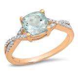 1.45 Carat (ctw) 10K Rose Gold Cushion Aquamarine & Round White Diamond Ladies Swirl Split Shank Bridal Engagement Ring 1 1/2 CT