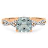 1.45 Carat (ctw) 14K Rose Gold Cushion Aquamarine & Round White Diamond Ladies Swirl Split Shank Bridal Engagement Ring 1 1/2 CT