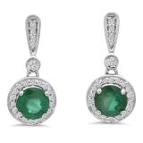 1.10 Carat (ctw) 10K White Gold Round Green Emerald & White Diamond Ladies Halo Style Dangling Drop Earrings 1 CT