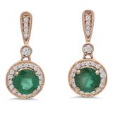 1.10 Carat (ctw) 14K Rose Gold Round Green Emerald & White Diamond Ladies Halo Style Dangling Drop Earrings 1 CT