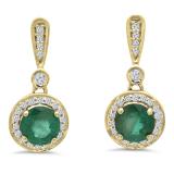 1.10 Carat (ctw) 14K Yellow Gold Round Green Emerald & White Diamond Ladies Halo Style Dangling Drop Earrings 1 CT