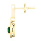 1.10 Carat (ctw) 14K Yellow Gold Round Green Emerald & White Diamond Ladies Halo Style Dangling Drop Earrings 1 CT