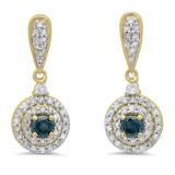 0.50 Carat (ctw) 10K Yellow Gold Round Blue & White Diamond Ladies Halo Style Dangling Drop Earrings 1/2 CT
