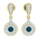 0.50 Carat (ctw) 10K Yellow Gold Round Blue & White Diamond Ladies Halo Style Dangling Drop Earrings 1/2 CT