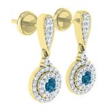 0.50 Carat (ctw) 10K Yellow Gold Round Blue & White Diamond Ladies Halo Style Dangling Drop Earrings 1/2 CT