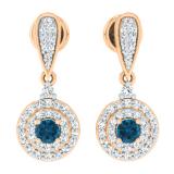 0.50 Carat (ctw) 14K Rose Gold Round Blue & White Diamond Ladies Halo Style Dangling Drop Earrings 1/2 CT