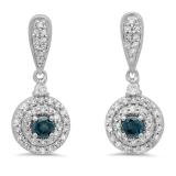 0.50 Carat (ctw) 14K White Gold Round Blue & White Diamond Ladies Halo Style Dangling Drop Earrings 1/2 CT