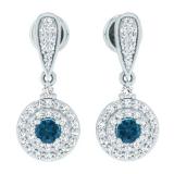 0.50 Carat (ctw) 14K White Gold Round Blue & White Diamond Ladies Halo Style Dangling Drop Earrings 1/2 CT