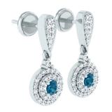 0.50 Carat (ctw) 14K White Gold Round Blue & White Diamond Ladies Halo Style Dangling Drop Earrings 1/2 CT