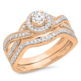 0.60 Carat (ctw) 10K Rose Gold Round White Diamond Ladies Bridal Swirl Halo Style Split Shank Engagement Ring Set