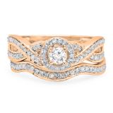 0.60 Carat (ctw) 10K Rose Gold Round White Diamond Ladies Bridal Swirl Halo Style Split Shank Engagement Ring Set
