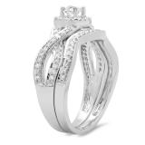 0.60 Carat (ctw) 10K White Gold Round White Diamond Ladies Bridal Swirl Halo Style Split Shank Engagement Ring Set