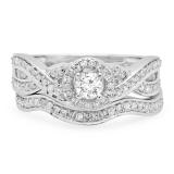 0.60 Carat (ctw) 10K White Gold Round White Diamond Ladies Bridal Swirl Halo Style Split Shank Engagement Ring Set