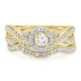 0.60 Carat (ctw) 10K Yellow Gold Round White Diamond Ladies Bridal Swirl Halo Style Split Shank Engagement Ring Set