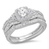 0.95 Carat (ctw) 14K White Gold Round White Diamond Ladies Bridal Halo Style Split Shank Engagement Ring Set 1 CT