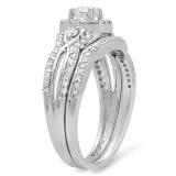 0.95 Carat (ctw) 14K White Gold Round White Diamond Ladies Bridal Halo Style Split Shank Engagement Ring Set 1 CT