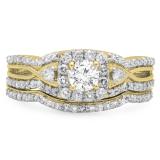 0.95 Carat (ctw) 14K Yellow Gold Round White Diamond Ladies Bridal Halo Style Split Shank Engagement Ring Set 1 CT