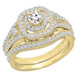 0.90 Carat (ctw) 14K Yellow Gold Round White Diamond Ladies Bridal Halo Style Split Shank Engagement Ring Set