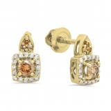 0.30 Carat (ctw) 10K Yellow Gold Round Champagne & White Diamond Ladies Halo Style Dangling Earrings 1/3 CT