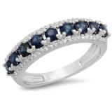 1.15 Carat (ctw) 10K White Gold Round Blue Sapphire & White Diamond Ladies Anniversary Wedding Band Stackable Ring