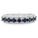 1.15 Carat (ctw) 10K White Gold Round Blue Sapphire & White Diamond Ladies Anniversary Wedding Band Stackable Ring