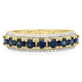 1.15 Carat (ctw) 10K Yellow Gold Round Blue Sapphire & White Diamond Ladies Anniversary Wedding Band Stackable Ring
