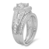 1.30 Carat (ctw) 10K White Gold Princess & Round Cut White Diamond Ladies Bridal Halo Style Split Shank Engagement Ring With Matching Band Set