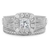 1.30 Carat (ctw) 10K White Gold Princess & Round Cut White Diamond Ladies Bridal Halo Style Split Shank Engagement Ring With Matching Band Set