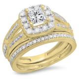 1.30 Carat (ctw) 10K Yellow Gold Princess & Round Cut White Diamond Ladies Bridal Halo Style Split Shank Engagement Ring With Matching Band Set