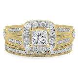 1.30 Carat (ctw) 10K Yellow Gold Princess & Round Cut White Diamond Ladies Bridal Halo Style Split Shank Engagement Ring With Matching Band Set