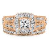 1.30 Carat (ctw) 18K Rose Gold Princess & Round Cut White Diamond Ladies Bridal Halo Style Split Shank Engagement Ring With Matching Band Set
