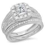 1.30 Carat (ctw) 18K White Gold Princess & Round Cut White Diamond Ladies Bridal Halo Style Split Shank Engagement Ring With Matching Band Set