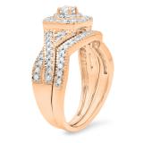 0.60 Carat (ctw) 10K Rose Gold Round Cut White Diamond Ladies Bridal Swirl Halo Style Split Shank Engagement Ring With Matching Band Set