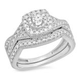 0.60 Carat (ctw) 10K White Gold Round Cut White Diamond Ladies Bridal Swirl Halo Style Split Shank Engagement Ring With Matching Band Set