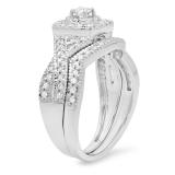 0.60 Carat (ctw) 10K White Gold Round Cut White Diamond Ladies Bridal Swirl Halo Style Split Shank Engagement Ring With Matching Band Set