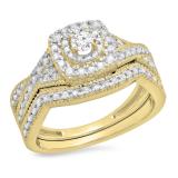 0.60 Carat (ctw) 10K Yellow Gold Round Cut White Diamond Ladies Bridal Swirl Halo Style Split Shank Engagement Ring With Matching Band Set
